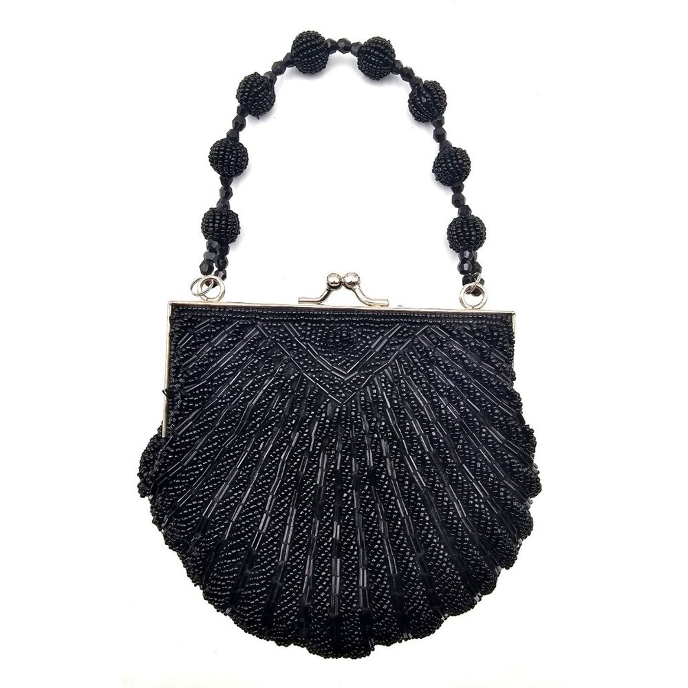Evening Bag  Bead Chrossbody Purse SeaShell Clam Black Silver Clasp & Chain